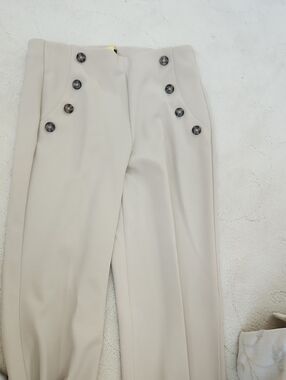 Express Cream High-Waist Wide-Leg Pants with Button Detail